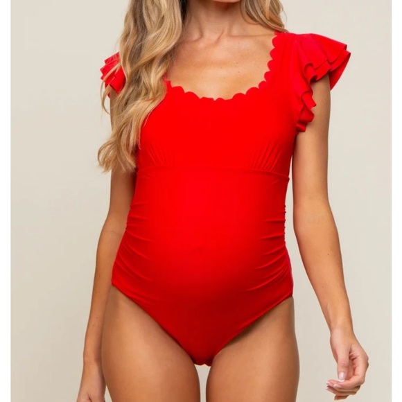 Red Scalloped Neck Ruffle Shoulder Maternity One-Piece Swimsuit - Picture 1 of 4